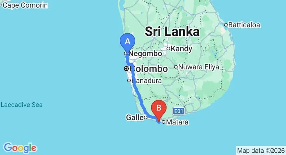 Private airport transfer taxi from Colombo Airport to Mirissa Sri Lanka