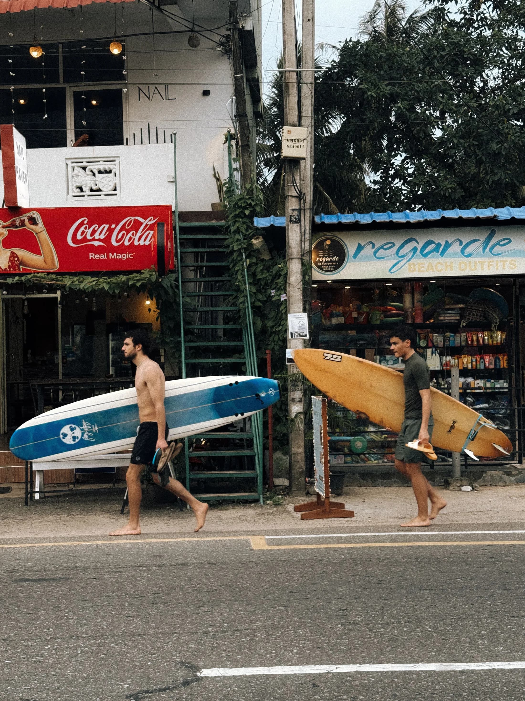 Ahangama coastal road and surf area in southern Sri Lanka